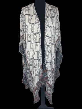 Ecote Ivory and Slate Geometric Knit Wrap with Pink Accents